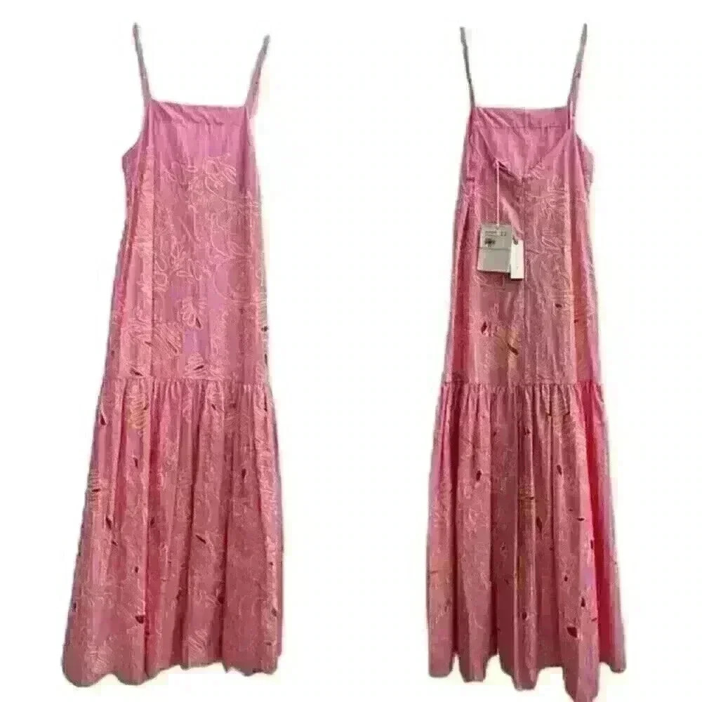 Anthropologie + Beatrice B Square Neck pink embroidered floral Maxi Dress Sz 0
